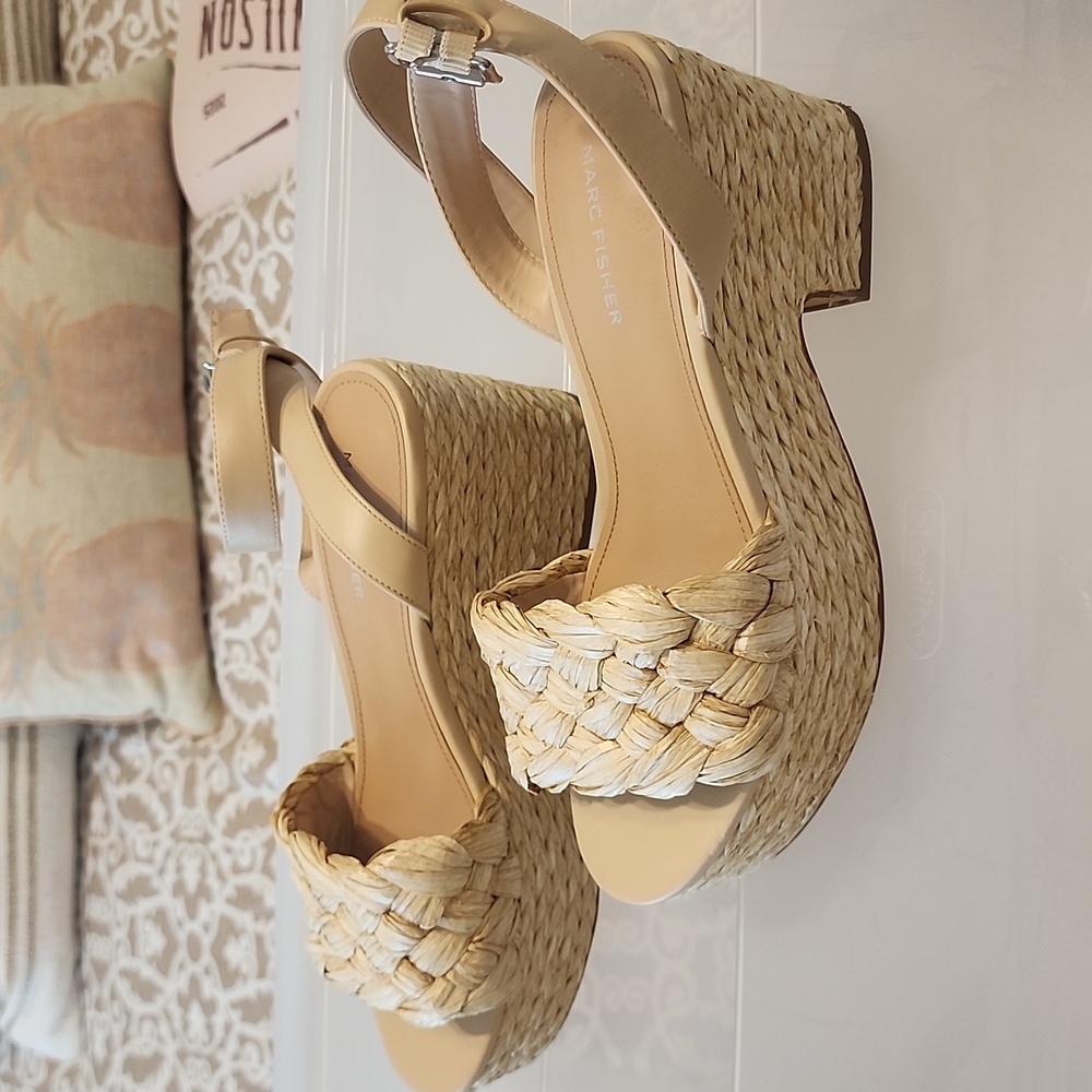 Marc Fisher Tan Woven Wedge Sandals Size 9